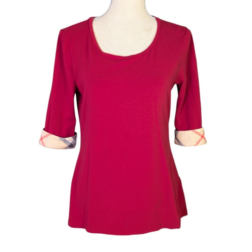 Burberry Brit Red Nova Check Cuff Top Cotton Stretch Tee M